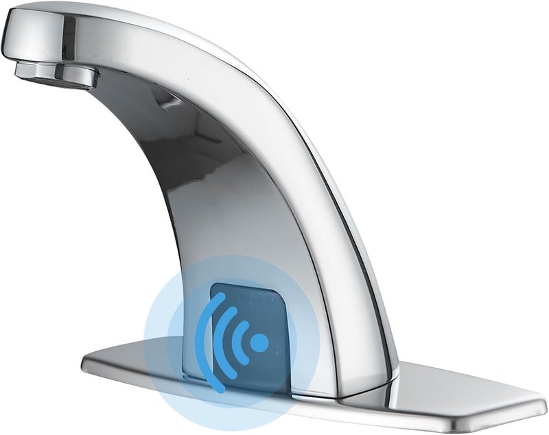 BWE Chrome Touchless Bathroom Sink Faucet with Temperature Control Mixing Valve Battery Powered or Plug in Sensor Eletronic Faucet with Sink Hole Cover Plate - Image 1